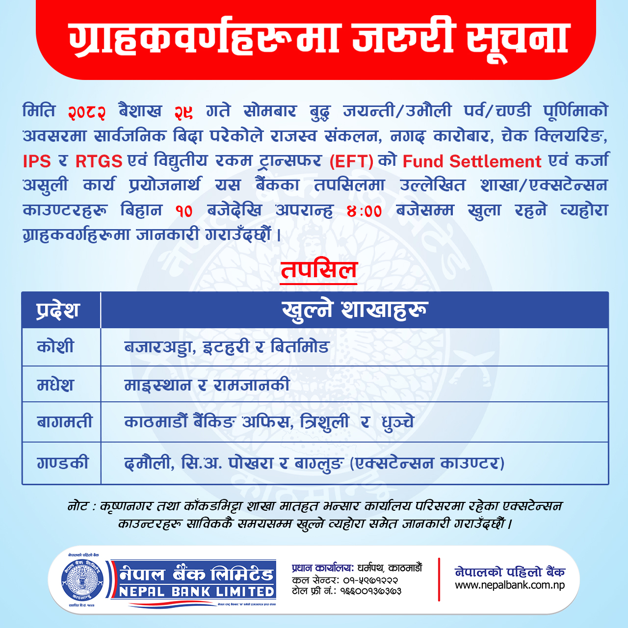 Public Holiday Notice  of Buddha Jayanti / Uvauli Parba / Chandi Purnima  on 2082.01.29
