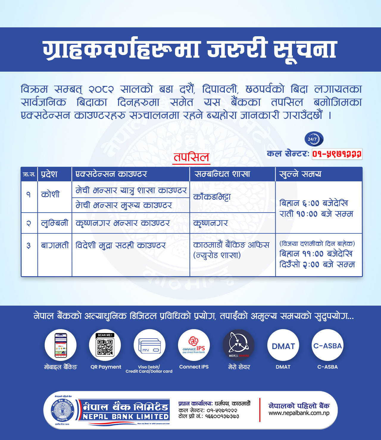 Branch opening on holiday of Bada Dashain, Tihar & Chhath Parwa