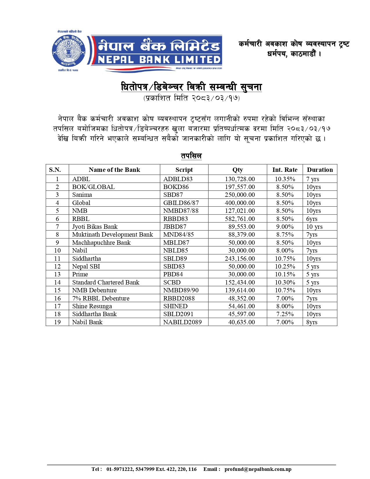 Notice Regarding Sale of Debentures
