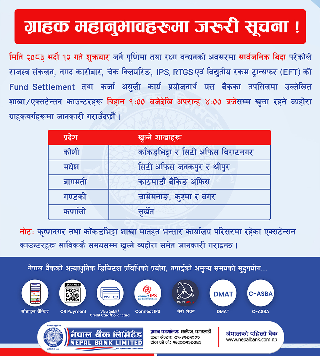 Branch Opening Notice on Public Holiday of Janai Purnima & Raksha Bandhan 2083