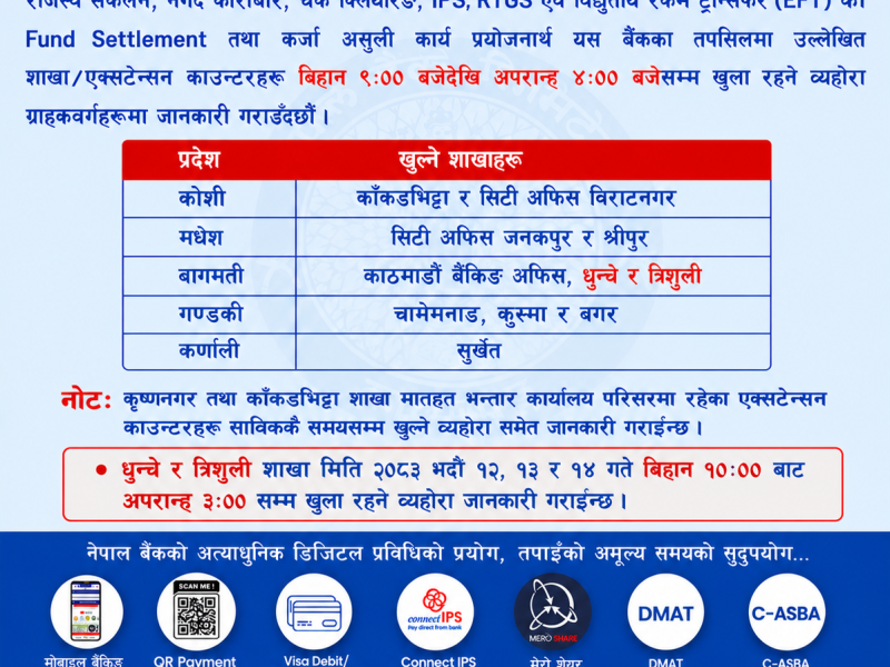 Branch Opening Notice on Public Holiday of Janai Purnima & Raksha Bandhan 2083